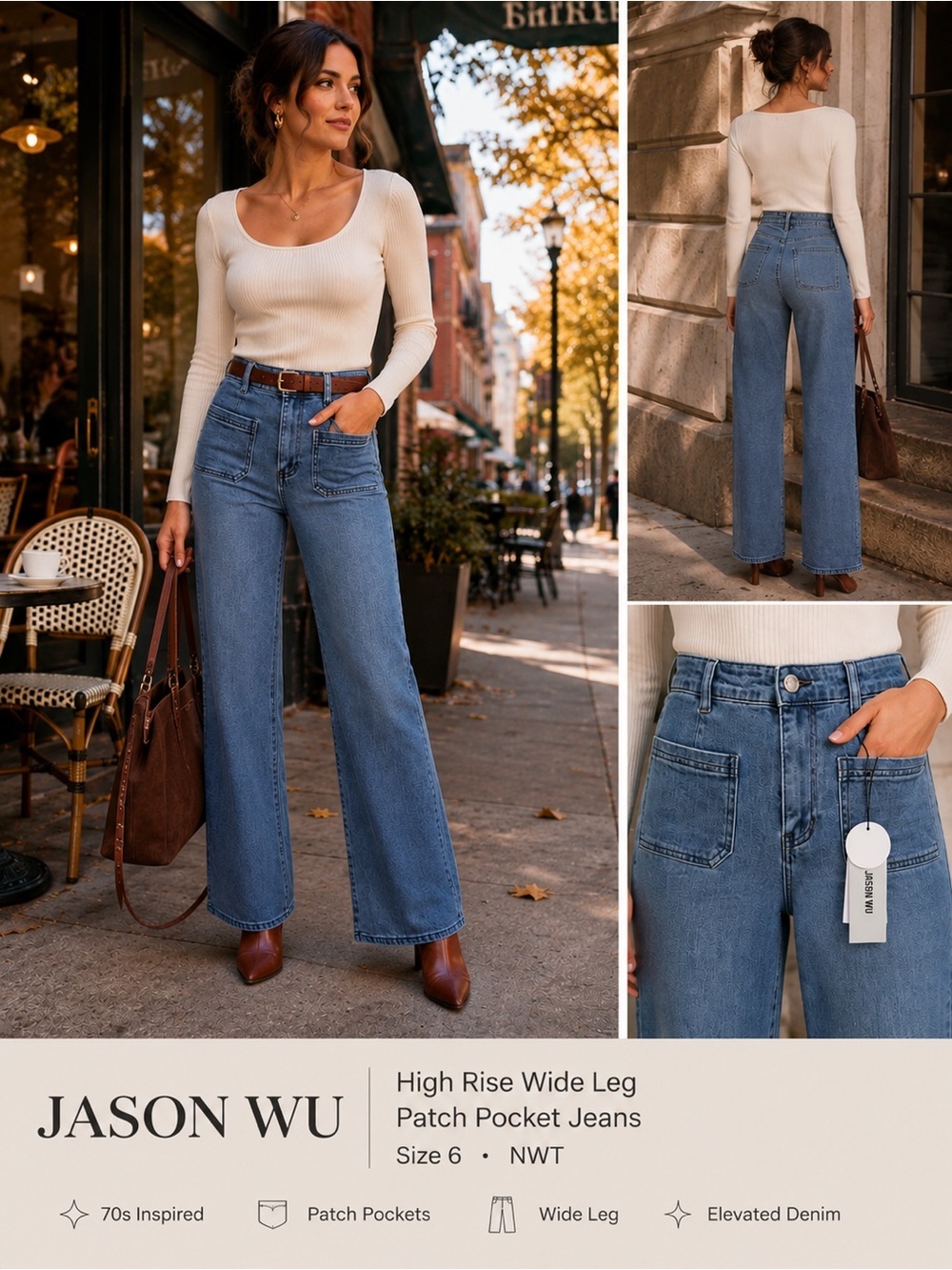 Jason Wu High Rise Wide Leg Patch Pocket Jeans Size 6 NWT 70s Denim